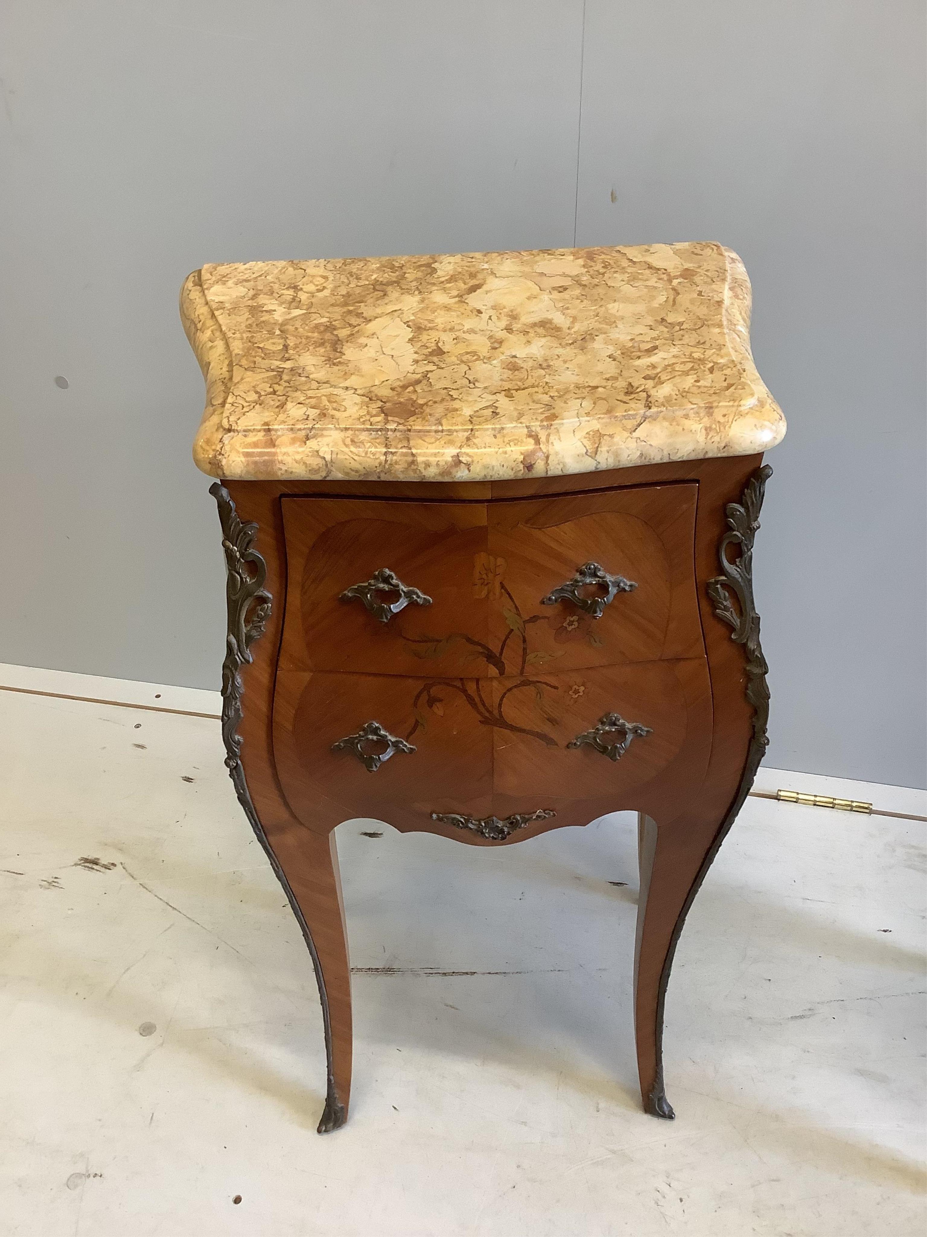 A pair of Louis XVI style inlaid kingwood marble top bombe bedside chests, width 42cm, depth 30cm, height 73cm. Condition - good